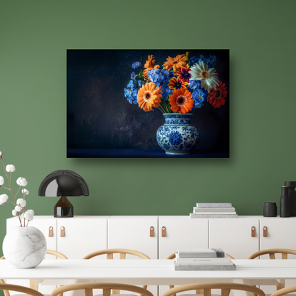 Elegante Bloemensamenstelling in Delfts Blauwe Vaas poster