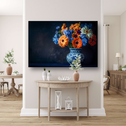 Elegante Bloemensamenstelling in Delfts Blauwe Vaas poster