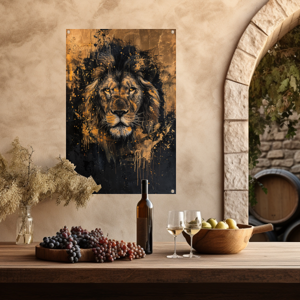 Mysterieuze leeuw met gouden spetters tuinposter