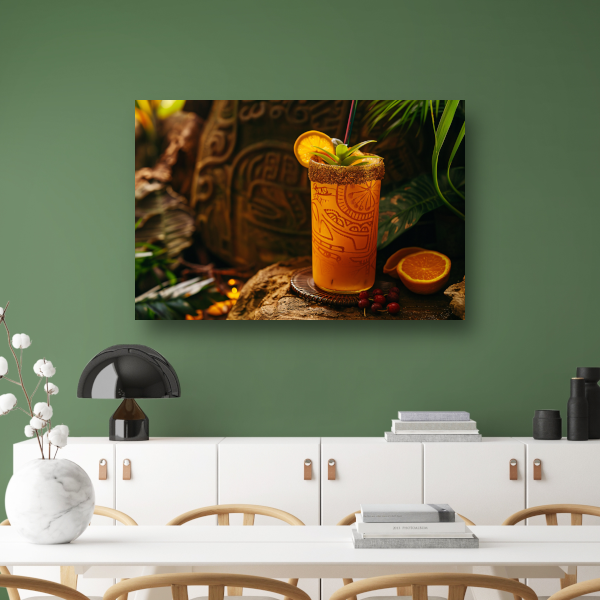 Glas sinaasappelsap op rots canvas met baklijst