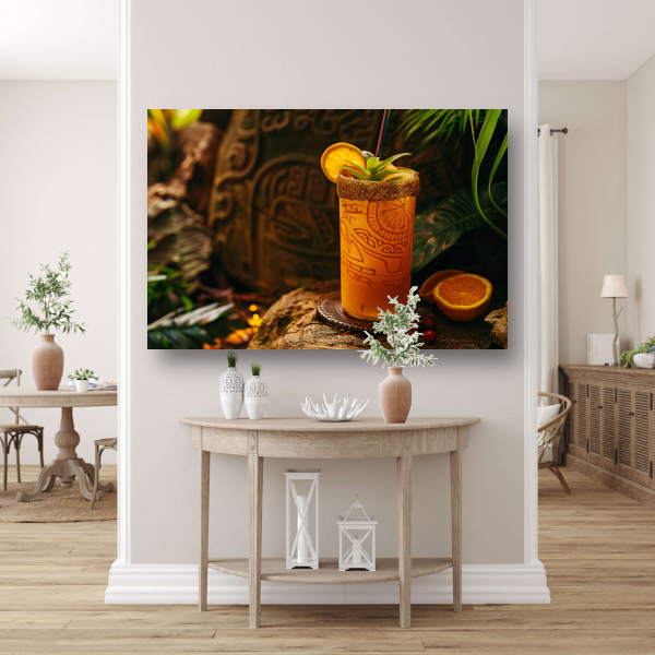 Glas sinaasappelsap op rots canvas met baklijst