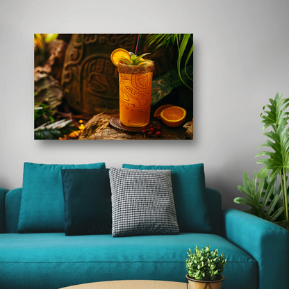 Glas sinaasappelsap op rots canvas met baklijst