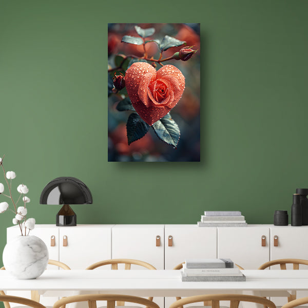 Rode roos in de vorm van een hart met dauwdruppels canvas