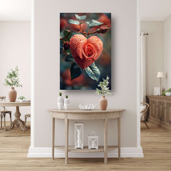 Rode roos in de vorm van een hart met dauwdruppels canvas