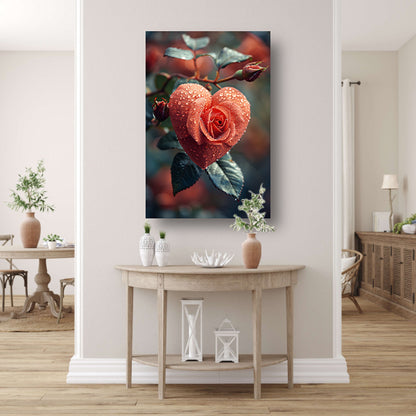 Rode roos in de vorm van een hart met dauwdruppels canvas