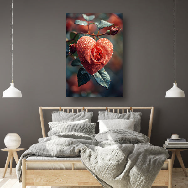 Rode roos in de vorm van een hart met dauwdruppels canvas
