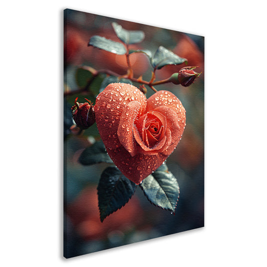 Rode roos in de vorm van een hart met dauwdruppels canvas