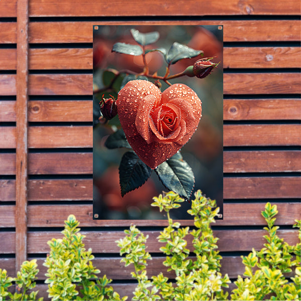 Rode roos in de vorm van een hart met dauwdruppels tuinposter