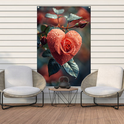 Rode roos in de vorm van een hart met dauwdruppels tuinposter
