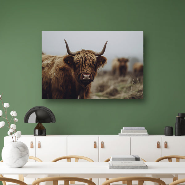 Schotse Hooglander in mistig landschap canvas