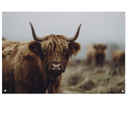 Schotse Hooglander in mistig landschap tuinposter