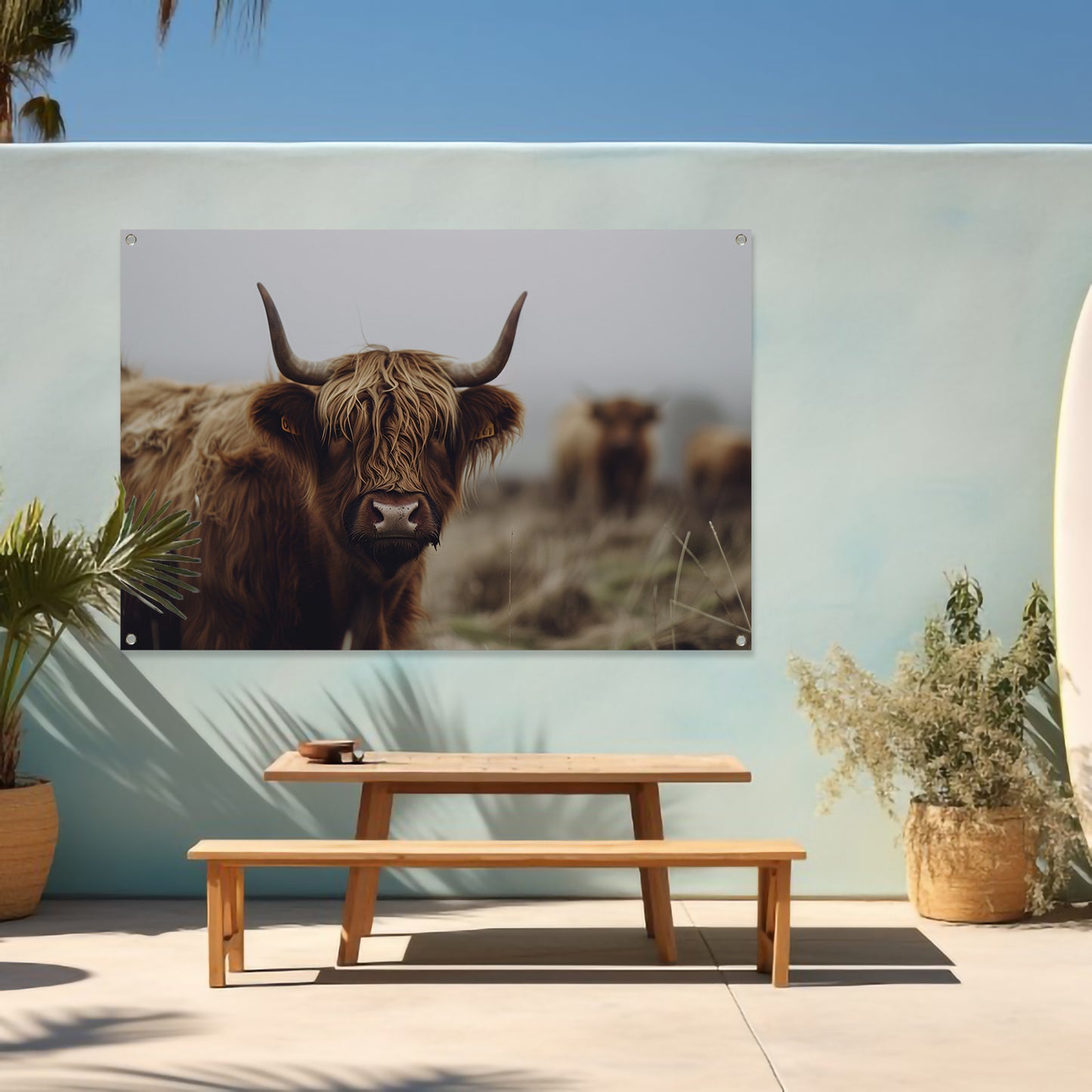 Schotse Hooglander in mistig landschap tuinposter