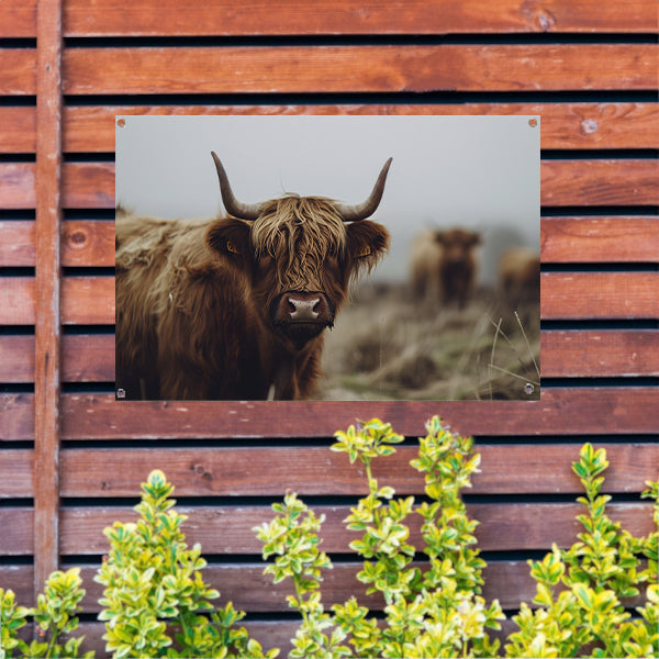Schotse Hooglander in mistig landschap tuinposter