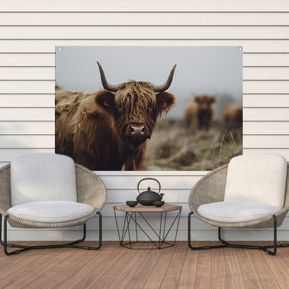 Schotse Hooglander in mistig landschap tuinposter