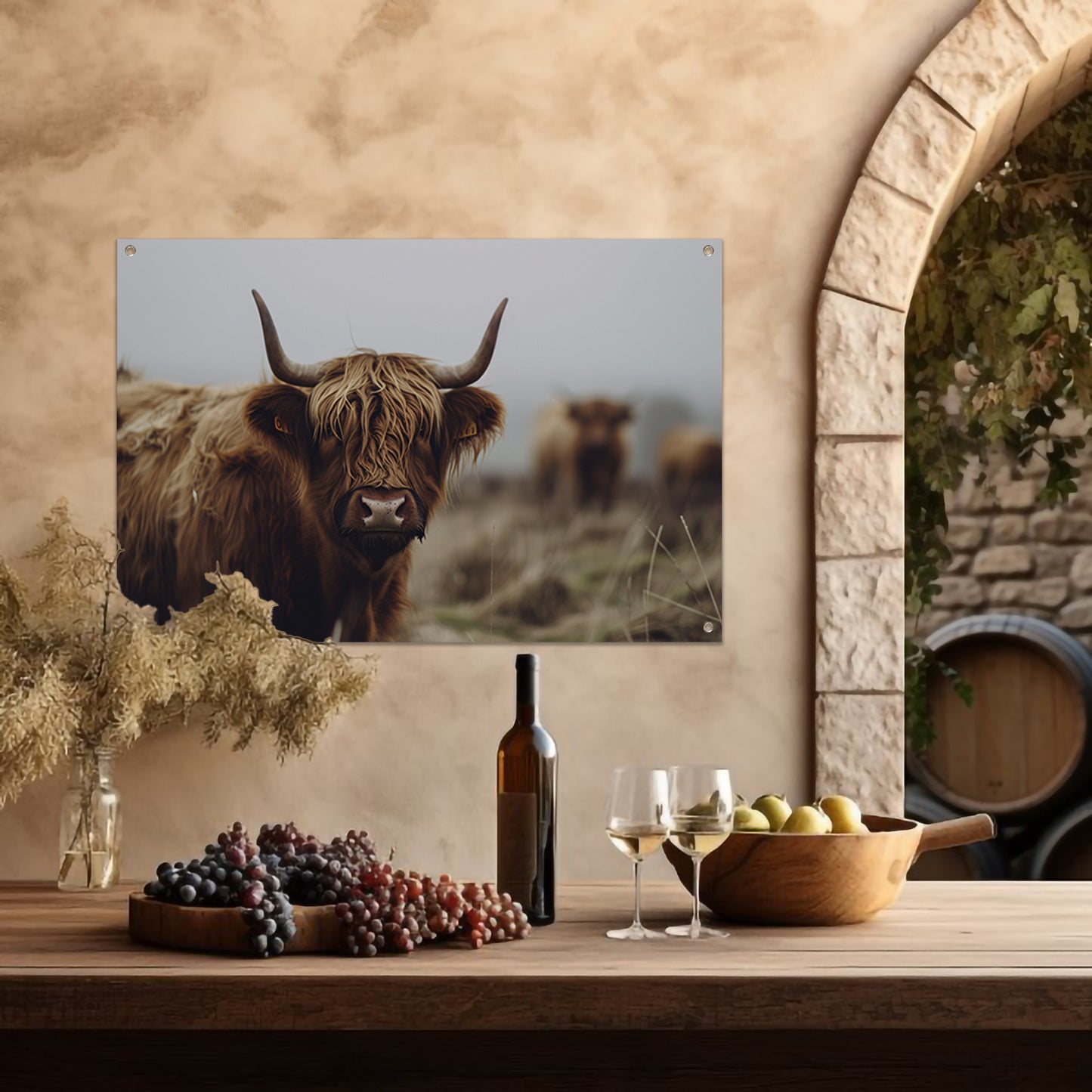 Schotse Hooglander in mistig landschap tuinposter