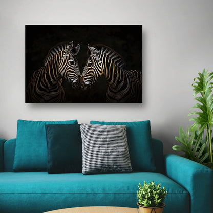 Twee zebras in een donkere omgeving poster