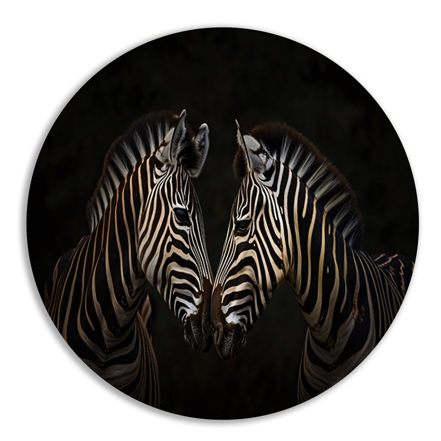 Twee zebras in een donkere omgeving aluminium muurcirkel
