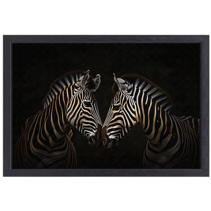 Twee zebras in een donkere omgeving canvas met baklijst