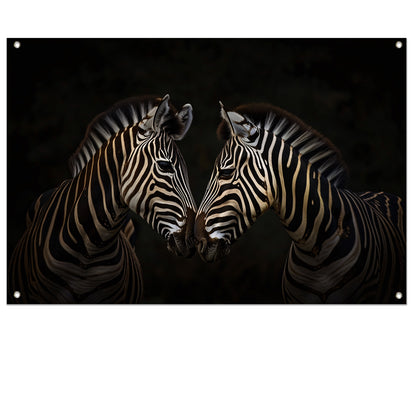 Twee zebras in een donkere omgeving tuinposter