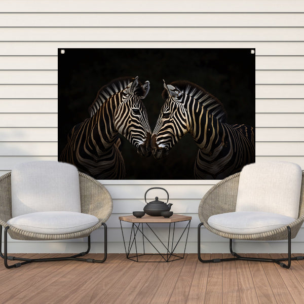 Twee zebras in een donkere omgeving tuinposter