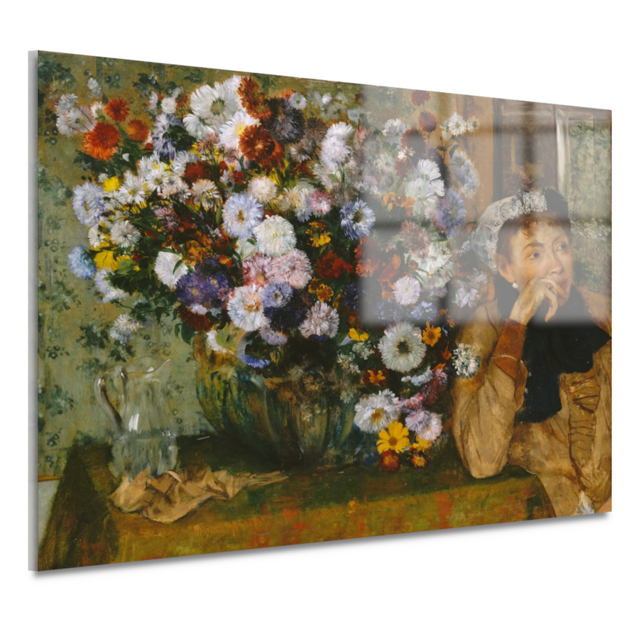 Een vrouw zittend naast een vaas met bloemen - Edgar Degas acrylglas