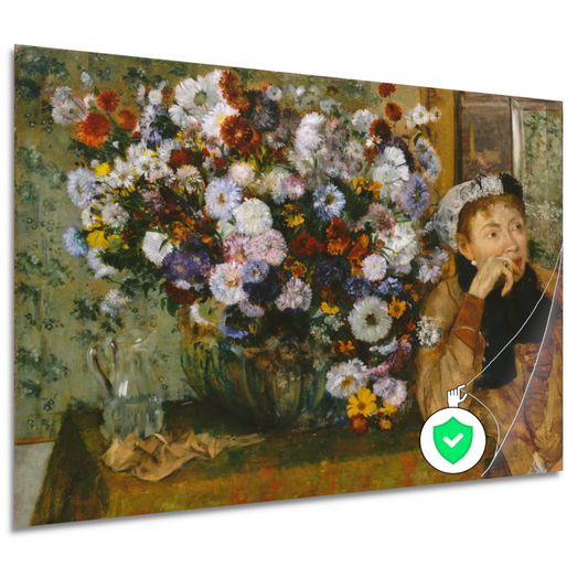 Een vrouw zittend naast een vaas met bloemen - Edgar Degas poster