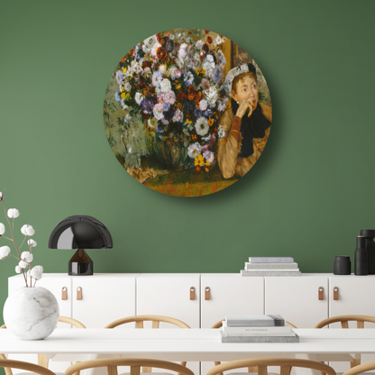 Een vrouw zittend naast een vaas met bloemen - Edgar Degas aluminium muurcirkel