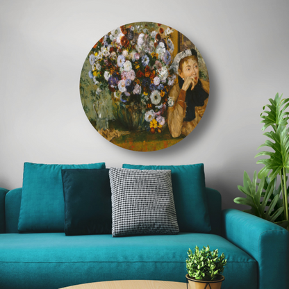 Een vrouw zittend naast een vaas met bloemen - Edgar Degas aluminium muurcirkel
