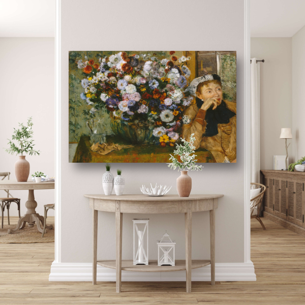 Een vrouw zittend naast een vaas met bloemen - Edgar Degas canvas met baklijst