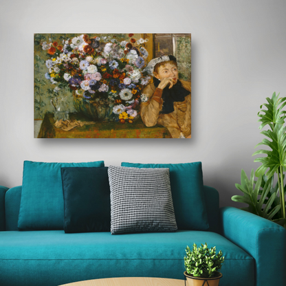 Een vrouw zittend naast een vaas met bloemen - Edgar Degas canvas met baklijst