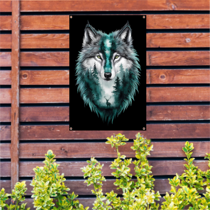 Wolf met boslandschap in vacht verweven tuinposter