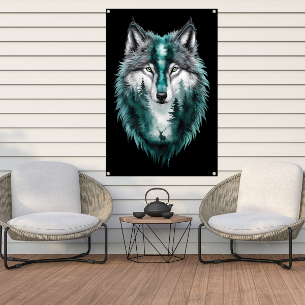 Wolf met boslandschap in vacht verweven tuinposter