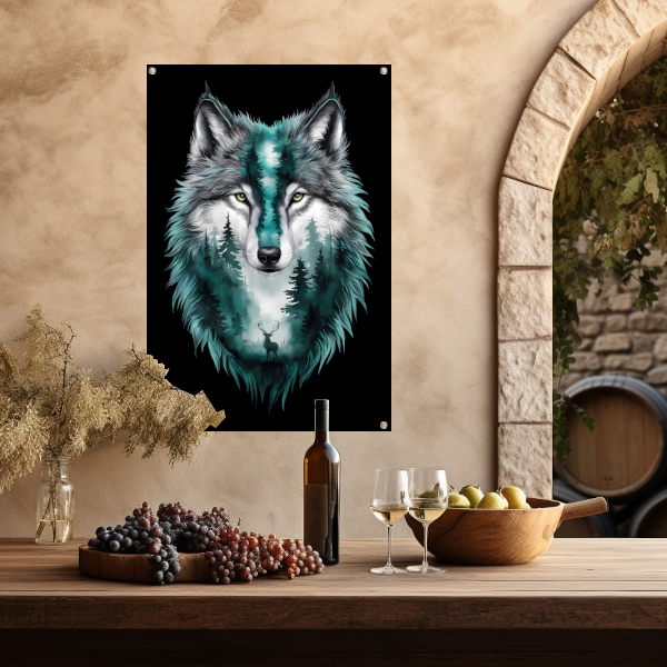 Wolf met boslandschap in vacht verweven tuinposter