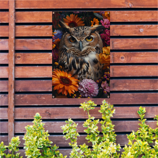 Intrigerende Uil omringd door Kleurrijke Bloei tuinposter