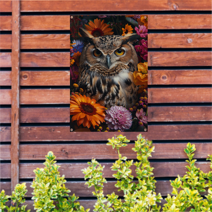 Intrigerende Uil omringd door Kleurrijke Bloei tuinposter
