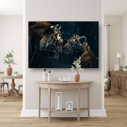 Tijger en welp in het bos canvas