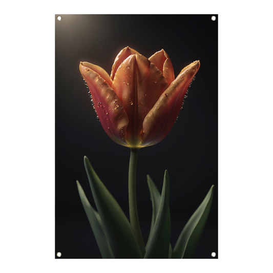 Dauwdruppels op levendige oranje tulp tuinposter