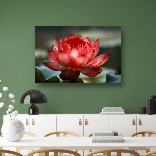 Rode lotus met groene bladeren in detail   canvas