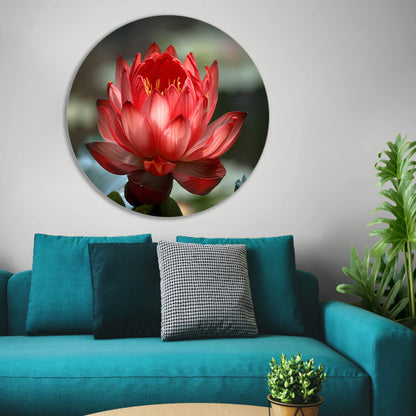 Rode lotus met groene bladeren in detail   aluminium muurcirkel