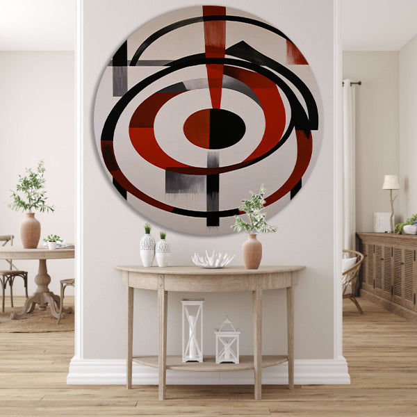 Abstracte Symmetrie in Rood, Zwart en Wit aluminium muurcirkel