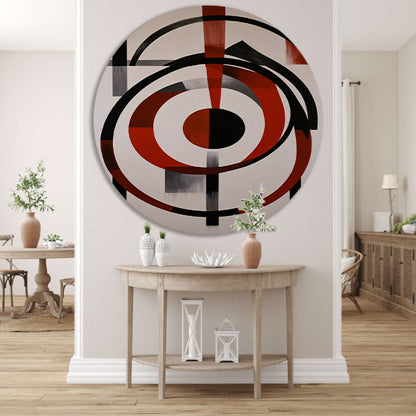 Abstracte Symmetrie in Rood, Zwart en Wit aluminium muurcirkel