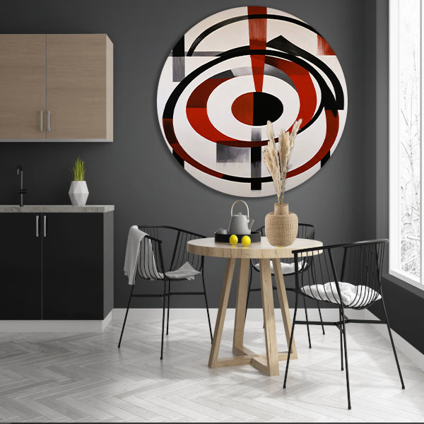 Abstracte Symmetrie in Rood, Zwart en Wit aluminium muurcirkel