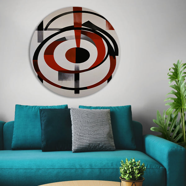 Abstracte Symmetrie in Rood, Zwart en Wit aluminium muurcirkel