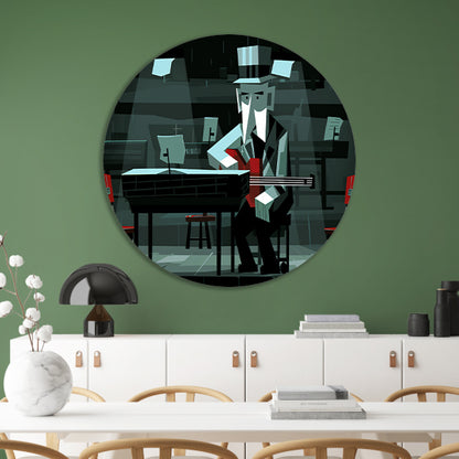 Geometrisch portret van muzikant in zwart-wit aluminium muurcirkel