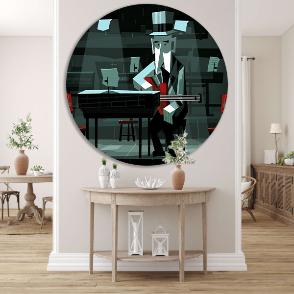 Geometrisch portret van muzikant in zwart-wit aluminium muurcirkel