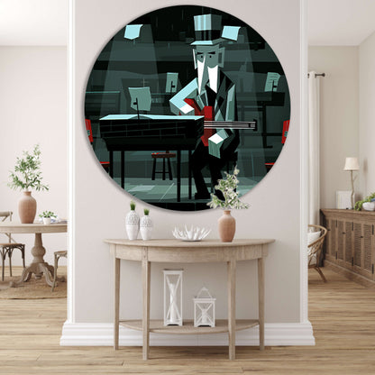 Geometrisch portret van muzikant in zwart-wit aluminium muurcirkel