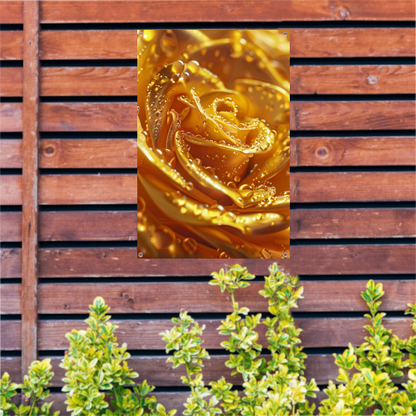 Gouden roos met glinsterende waterdruppels close-up tuinposter