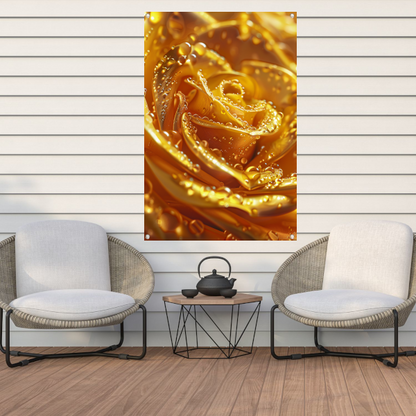 Gouden roos met glinsterende waterdruppels close-up tuinposter