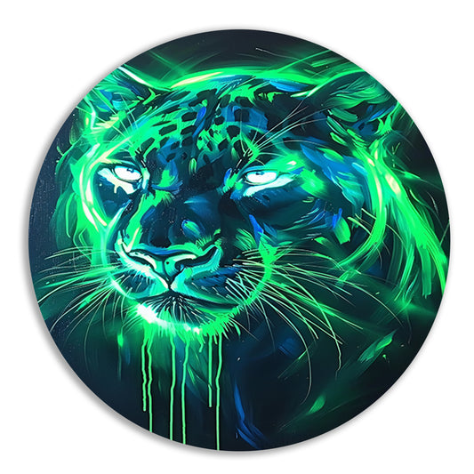 Fluorescerende panter in abstracte kleuren aluminium muurcirkel