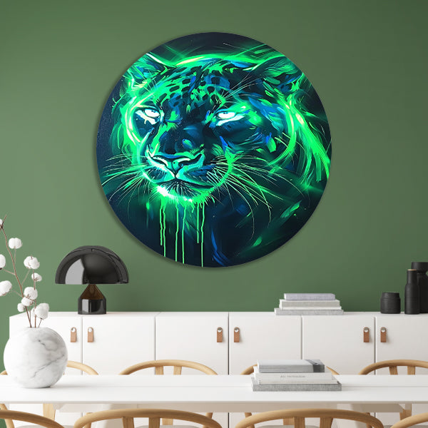Fluorescerende panter in abstracte kleuren aluminium muurcirkel